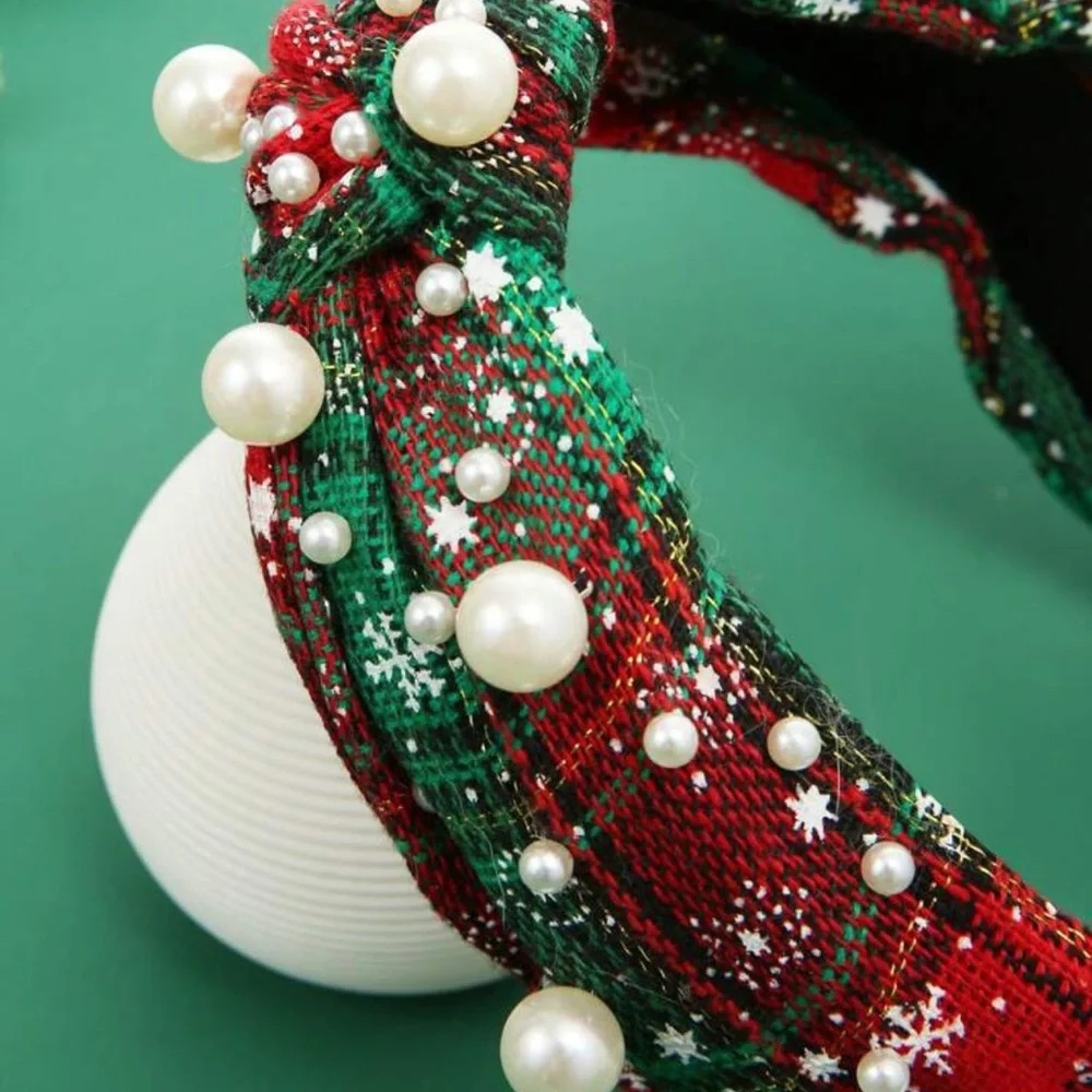 Green Red Pearl Plaid Knot Headband Christmas Holidays - Picture 3 of 4